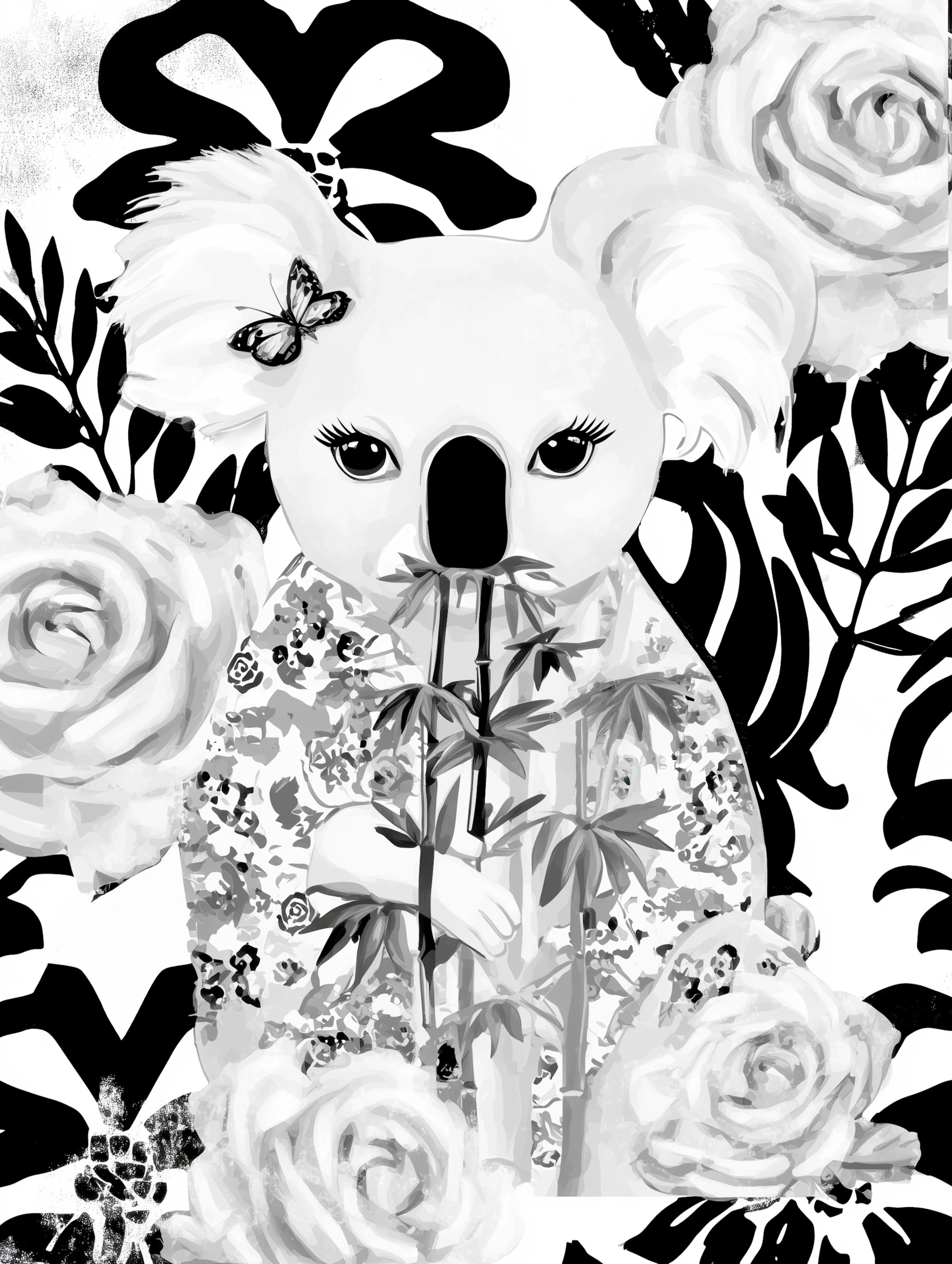 Free printable koala coloring page for adults featuring koala eating bamboo